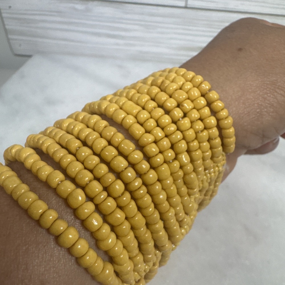 Yellow Glass Beaded Stretch Bracelet - 22cm Large Size - Picture 3 of 7